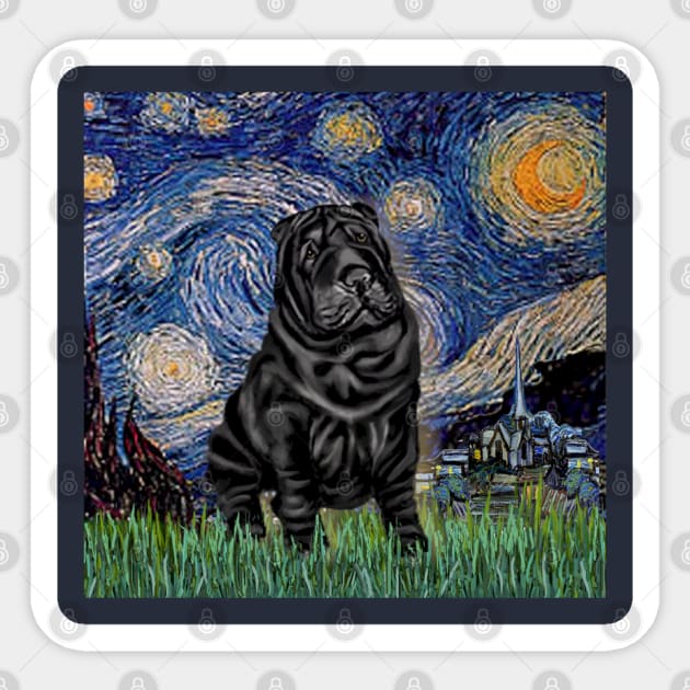 Starry Night Adapted to Include a Black Chinese Shar Pei Sticker by Dogs Galore and More